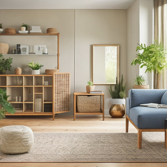 A serene, well-lit living room with a minimalist aesthetic, featuring a sleek, built-in shelving unit, a woven storage basket, and a geometric-patterned rug, surrounded by lush greenery.