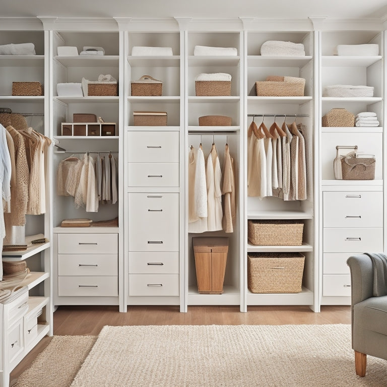 A serene, upscale vacation home closet with creamy white walls, warm wood floors, and a floor-to-ceiling storage system featuring adjustable shelves, drawers, and rods in a sleek, chrome finish.