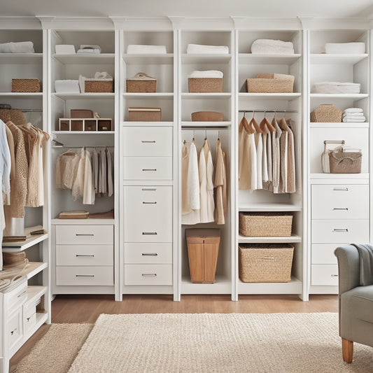 A serene, upscale vacation home closet with creamy white walls, warm wood floors, and a floor-to-ceiling storage system featuring adjustable shelves, drawers, and rods in a sleek, chrome finish.