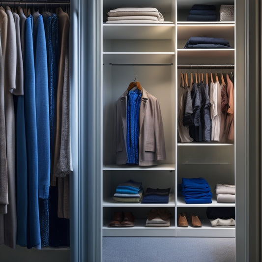 A cluttered, narrow closet with clothes bursting from shelves and floor, contrasted with a sleek, minimalist closet on a smartphone screen, surrounded by empty space and a few neatly hung garments.