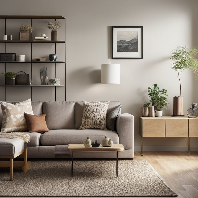 A serene, well-lit living room with a minimalist aesthetic, featuring sleek, wall-mounted shelves, a compact storage ottoman, and a few, carefully selected decorative items on a clutter-free coffee table.