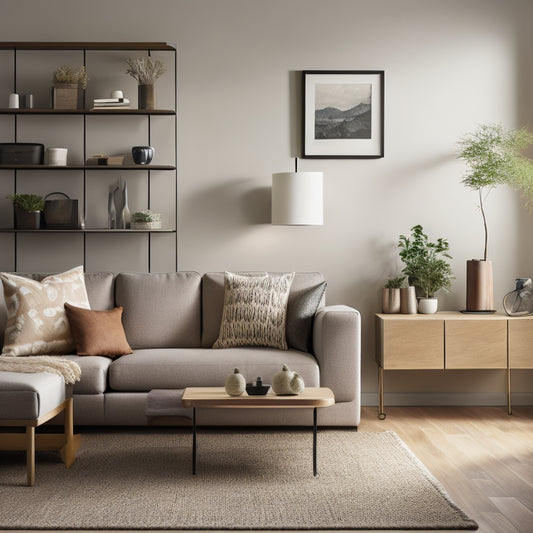 A serene, well-lit living room with a minimalist aesthetic, featuring sleek, wall-mounted shelves, a compact storage ottoman, and a few, carefully selected decorative items on a clutter-free coffee table.