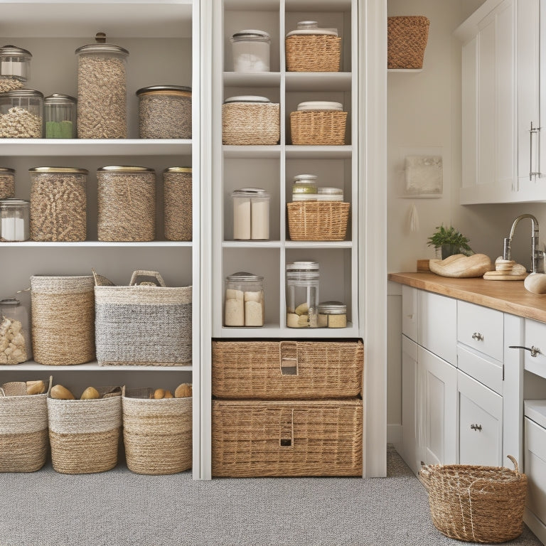 A tidy pantry with adjustable shelves, woven baskets, and stackable containers in a calming neutral color scheme, with a few artfully arranged jars and cans in the foreground.
