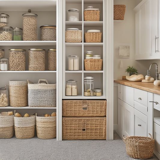 A tidy pantry with adjustable shelves, woven baskets, and stackable containers in a calming neutral color scheme, with a few artfully arranged jars and cans in the foreground.