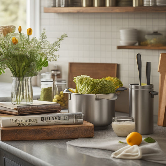 A tidy kitchen countertop with a combination of wooden spice racks, stainless steel utensil holders, and sleek drawer organizers, surrounded by a few cookbooks and a vase with fresh flowers.