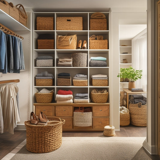 A serene, well-lit closet interior with 3-tiered shelving units, each holding 2-3 woven baskets in natural materials, surrounded by neatly folded clothes and a few pairs of shoes on the floor.