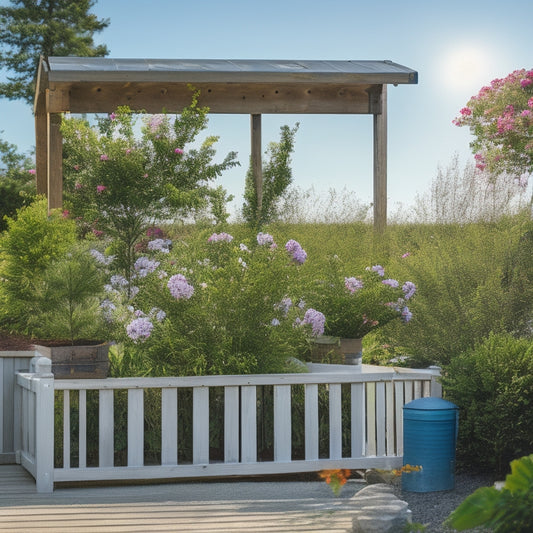 A serene backyard scene featuring a wooden elevated planter box with a decorative trellis, adorned with lush greenery and vibrant flowers, set against a soft blue sky with a few puffy white clouds.
