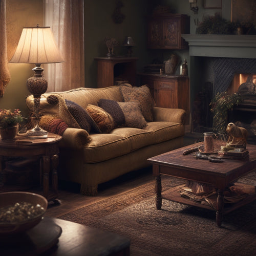 A dimly lit, cluttered living room with an old couch, armchair, and coffee table; dust bunnies and crumbs scattered everywhere, with subtle hints of hidden critters and forgotten treasures.