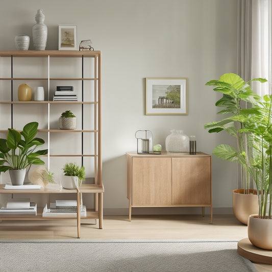 A serene, well-lit living room with a minimalist aesthetic, featuring a sleek, wooden shelving unit, a tidy desk with a single, potted plant, and a few, carefully arranged decorative items.