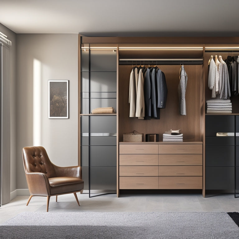 A modern, minimalist closet with a wooden dresser, a leather armchair, and a floor-to-ceiling mirror, featuring a sleek belt rack with 10-12 stylish belts in different colors and textures.