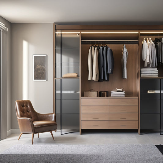 A modern, minimalist closet with a wooden dresser, a leather armchair, and a floor-to-ceiling mirror, featuring a sleek belt rack with 10-12 stylish belts in different colors and textures.