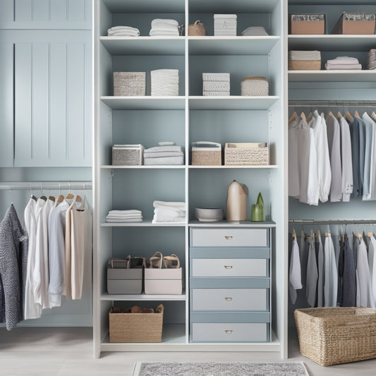 A bright, minimalist closet interior with a mix of open shelves, drawers, and hanging rods, featuring a few stylish outfits and accessories, with clever storage bins and baskets in a calming color scheme.