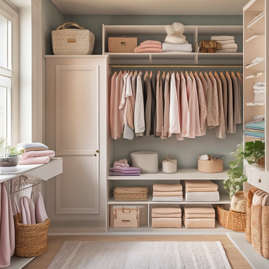 A serene, well-lit closet interior with a mix of open shelves, drawers, and rods, showcasing a curated selection of spring clothing and accessories in pastel hues, amidst a backdrop of soft, white walls and light wood accents.