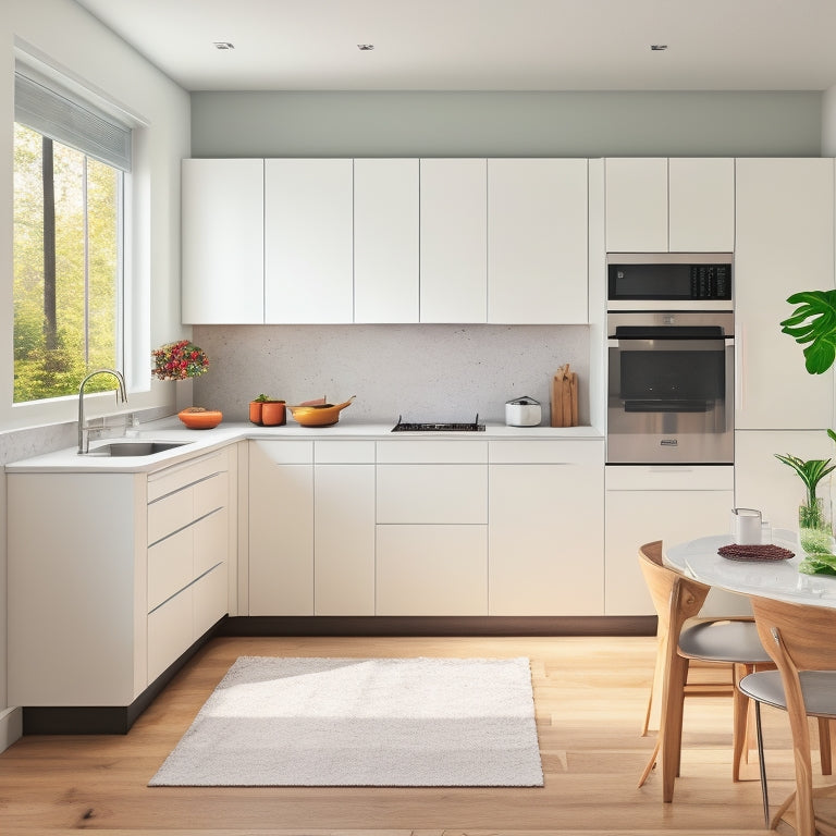 A modern small kitchen with a sleek, white island featuring a built-in cooktop, compact sink, and curved wooden countertop, surrounded by minimalist cabinetry and stainless steel appliances.