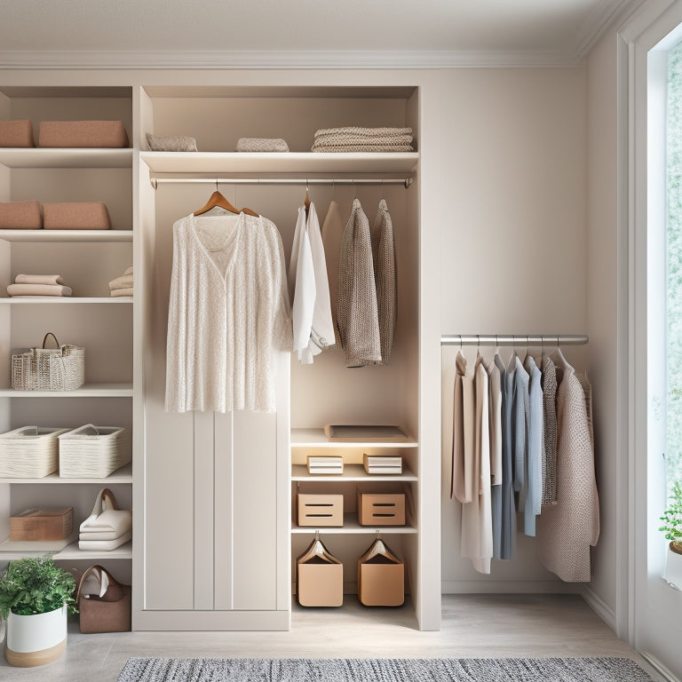 A serene, minimalist closet interior with a mix of hanging rods, shelves, and storage bins in a soothing color palette, illuminated by a soft, natural light.
