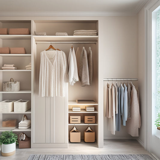 A serene, minimalist closet interior with a mix of hanging rods, shelves, and storage bins in a soothing color palette, illuminated by a soft, natural light.