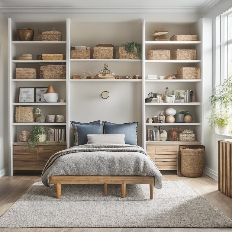 A serene bedroom with a floor-to-ceiling custom shelving unit featuring five asymmetrical compartments in a blend of open and closed storage, with a mix of decorative baskets and sleek wooden accents.