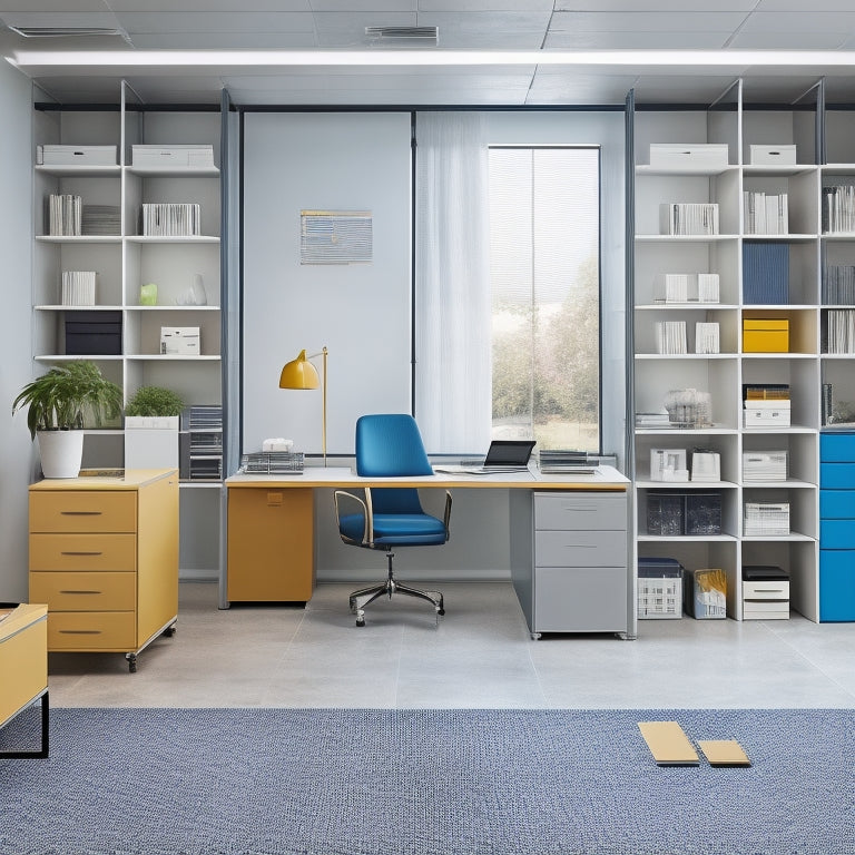 A modern office space with sleek, minimalist desks and chairs, surrounded by floor-to-ceiling shelves made from Ikea's modular storage system, with various colorful boxes and files organized neatly.