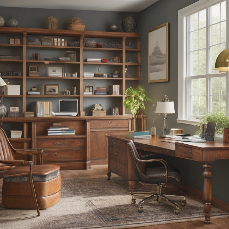 A tidy home office with a wooden desk, a swivel chair, and a floor-to-ceiling shelving unit featuring five horizontal shelves with decorative brackets, holding organized office supplies and books.