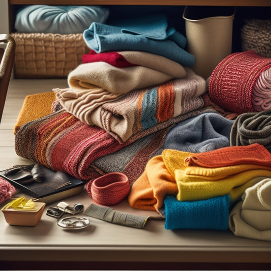 A cluttered dresser drawer overflowing with tangled clothes, scarves, and accessories, with a few visible drawer dividers in the background, organized and tidy, in contrast to the chaotic foreground.