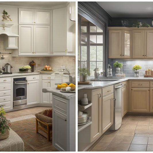 An image depicting a senior-friendly kitchen with three distinct countertops: one with a rounded edge, one with a pull-out cabinet, and one with a contrasting color strip for visual guidance.