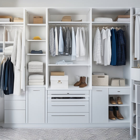 A bright, modern closet interior with sleek white shelves, drawers, and rods, featuring IKEA MULIG storage systems in various configurations, surrounded by neatly organized clothes, shoes, and accessories.