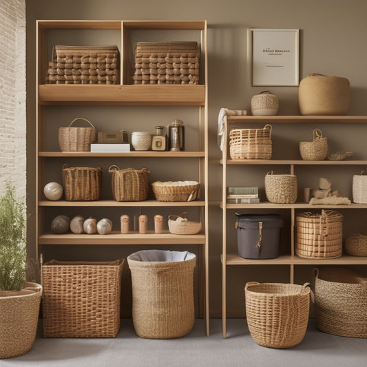 A clutter-free room with a mix of modular shelves, woven baskets, and repurposed crates, showcasing a variety of organized storage solutions in a natural, earthy color palette.