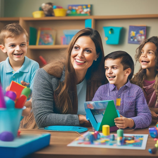 A warm and inviting illustration of a smiling mother surrounded by three energetic children, surrounded by colorful educational materials, toys, and a chalkboard with a subtle homeschooling setup in the background.