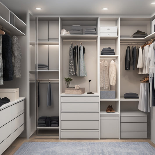 A modern, sleek, and minimalist closet with a combination of open shelves, drawers, and hanging rods, surrounded by a digital tablet and laptop displaying 3D closet design software.