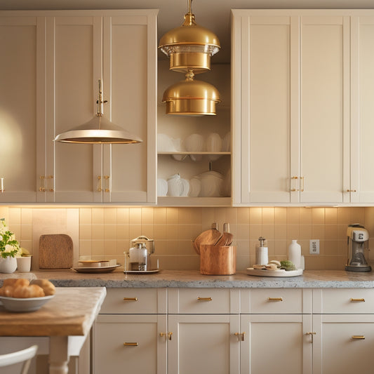 A kitchen corner with a curved, stainless steel carousel shelving unit, surrounded by sleek, white cabinets, and a small, pendant light fixture hanging above, amidst a warm, beige-colored background.