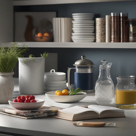 A tidy kitchen countertop with a few cookbooks and a vase, featuring a clever lid storage system built into the countertop, with various lids and utensils neatly organized and visible.