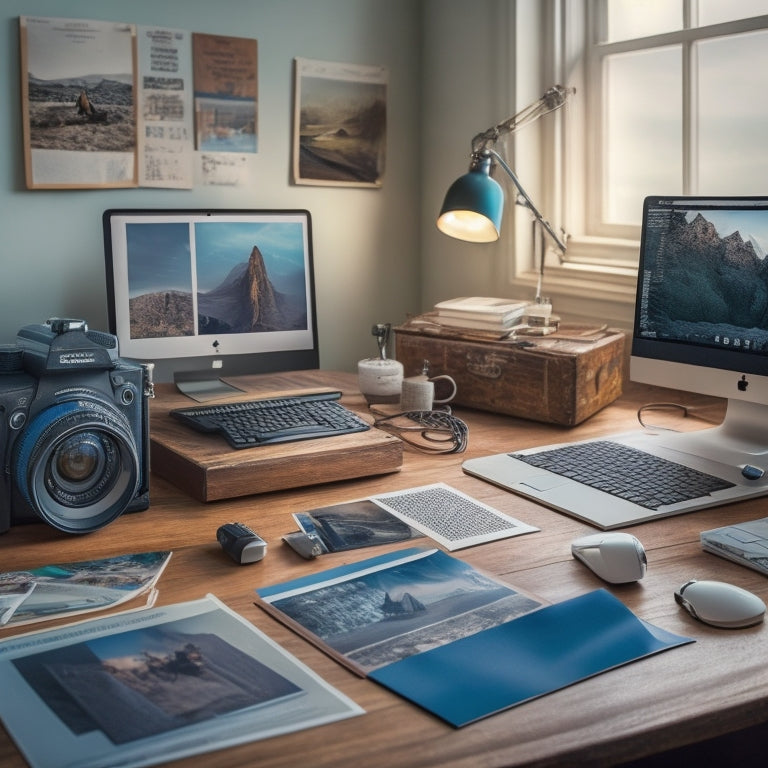 A messy desk cluttered with scattered photo prints, tangled cords, and a worn-out camera, transformed into a sleek, organized workspace with a tidy laptop, labeled folders, and a minimalist backdrop.