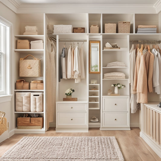 A serene, walk-in closet with cream-colored walls, soft natural light, and a plush area rug, featuring a mix of open shelving, drawers, and hanging rods, with neatly arranged clothes and accessories.