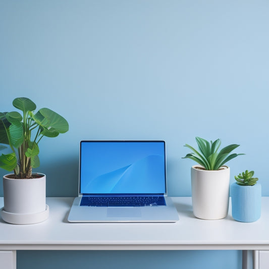 A serene, minimalist desktop with a sleek laptop, a few neatly organized files, and a small potted plant, set against a calming light blue background with subtle, gentle shadows.