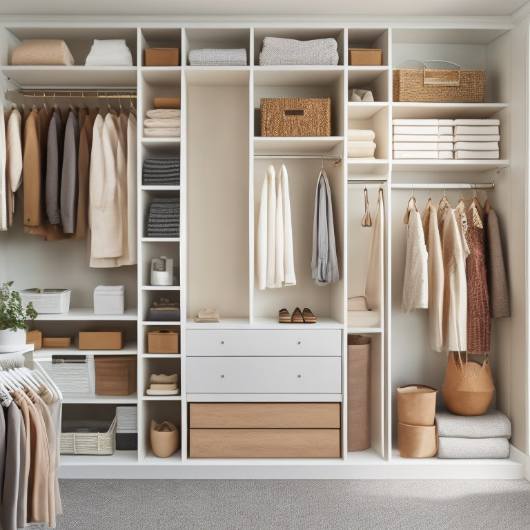 A serene, minimalist closet interior with a neutral color palette, featuring a mix of open shelving, drawers, and hanging rods, showcasing organized clothing, accessories, and storage bins in a tidy, harmonious arrangement.