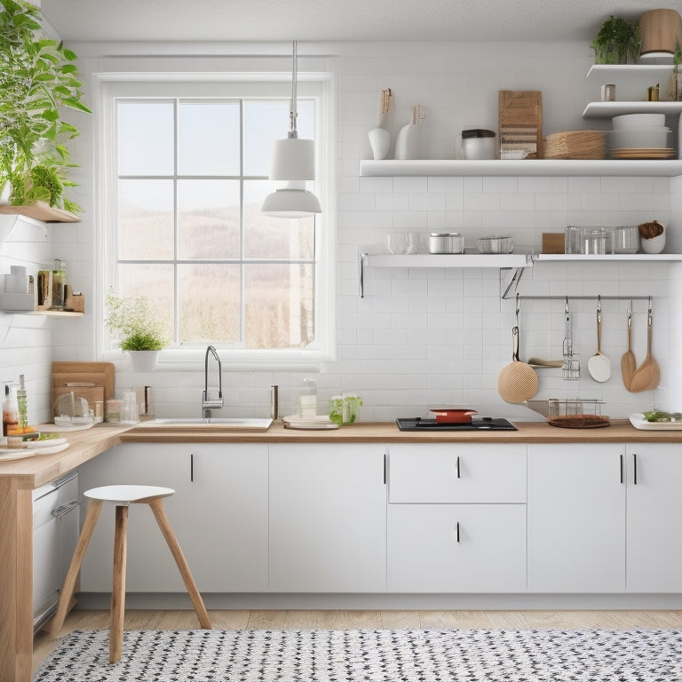 A bright, modern small kitchen with sleek white cabinets, featuring a wall-mounted foldable table, a pegboard with hanging utensils, and a pull-out spice rack beside a compact window.