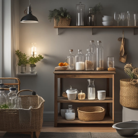 A tidy kitchen counter with a wooden cart, adorned with a mix of clear and opaque glassware, neatly arranged on stackable shelves, with woven baskets and subtle LED lighting.