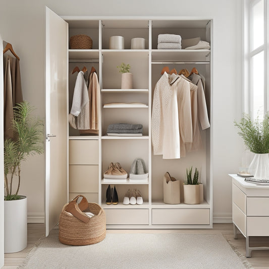 A serene, bright closet with creamy white walls, polished wooden floors, and a few strategically placed birch trees in planters, surrounded by neatly arranged clothes and accessories on sleek, minimalist shelves.