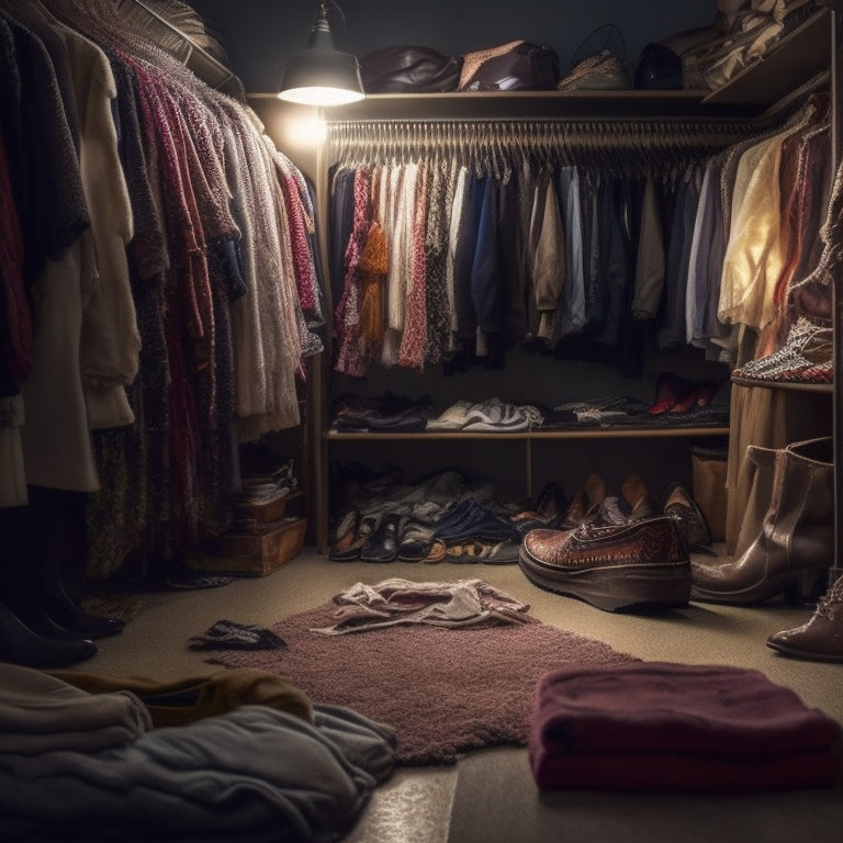 A dimly lit, cluttered closet with clothes spilling out of a overstuffed shelf, tangled hangers, and shoes scattered on the floor, with a faint outline of an organized space in the background.