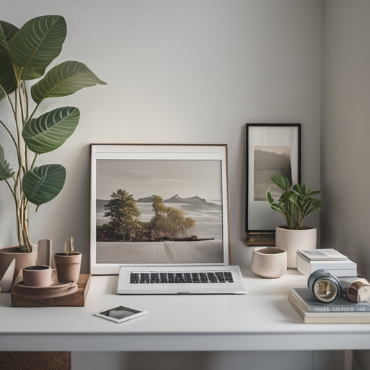 A serene, minimalist desk with a few, neatly organized photography albums and a sleek laptop, surrounded by a few framed photos and a small potted plant, against a soft, creamy background.