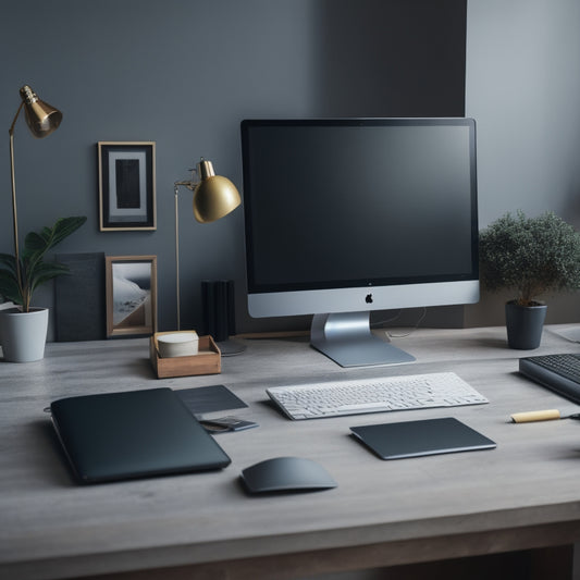 A minimalist workspace with a sleek laptop, a tidy desk, and a few carefully placed folders, surrounded by subtle hints of digital files and folders on the screen, conveying organization and productivity.