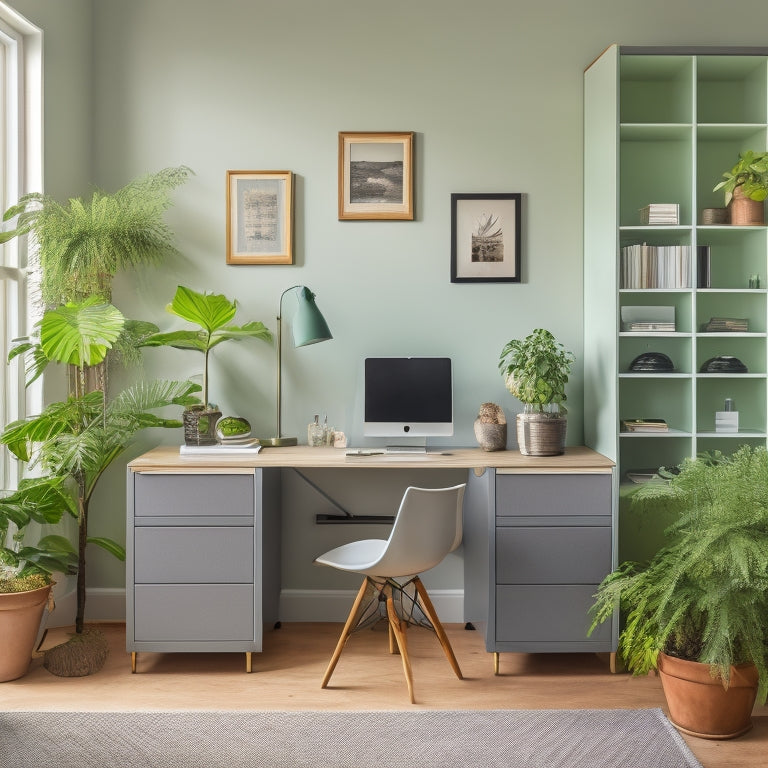 A serene and organized home office with a sleek, wall-mounted desk, a minimalist chair, and a floor-to-ceiling storage unit with closed drawers and shelves, surrounded by calming green plants.