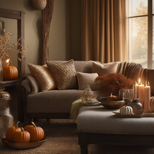 A warm and inviting living room with plush throw blankets, vintage pumpkins, and mercury glass vases filled with seasonal branches, set against a backdrop of rich, earthy tones and soft golden lighting.