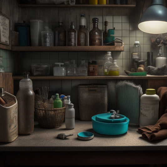 A cluttered under-sink cabinet with a jumble of pipes, dusty bottles, and forgotten items like a rusty scrubber and a lone sock, surrounded by dark shadows and dim lighting.