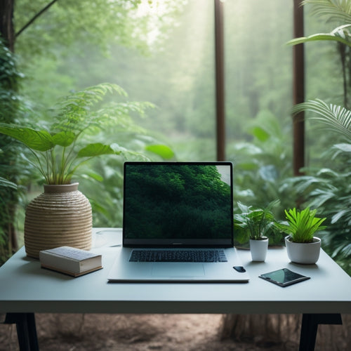 A serene, minimalist workspace with a single, glowing laptop on a wooden desk, surrounded by lush greenery, and a few scattered, organized papers, against a calming, light-blue background.