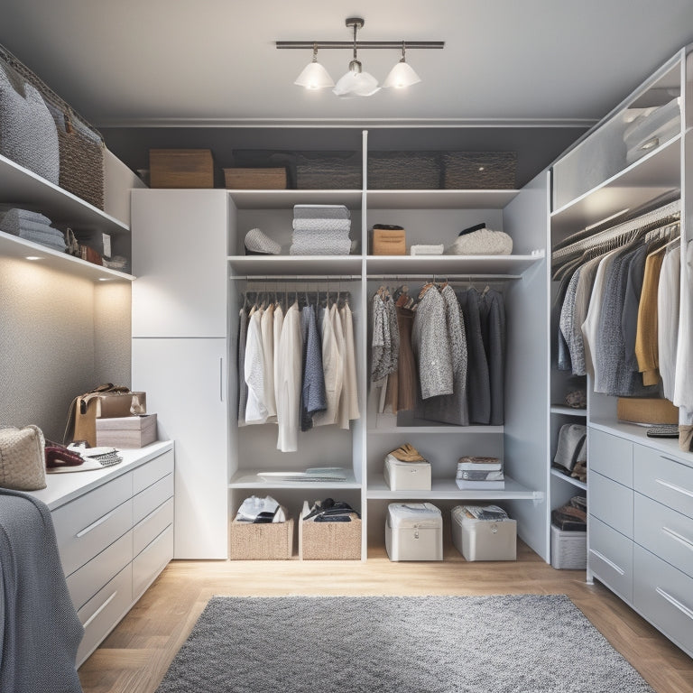 An image of a modern bedroom with an angled ceiling, featuring a reach-in closet with mismatched shelves and cluttered clothing, contrasted with a customized shelving system that maximizes storage and visual appeal.