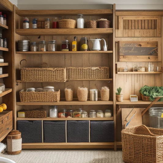 A clutter-free pantry with a mix of wooden crates, woven baskets, and Mason jars, arranged on adjustable shelving and a pegboard, with a few hanging utensils and a small chalkboard.