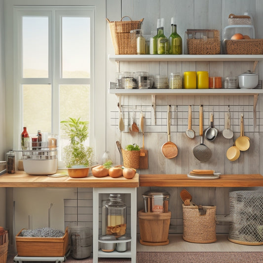 A tidy, compact kitchen with a pegboard on the wall, a utensil organizer on the counter, and a tiered cart filled with labeled baskets and jars, surrounded by a warm, natural light.