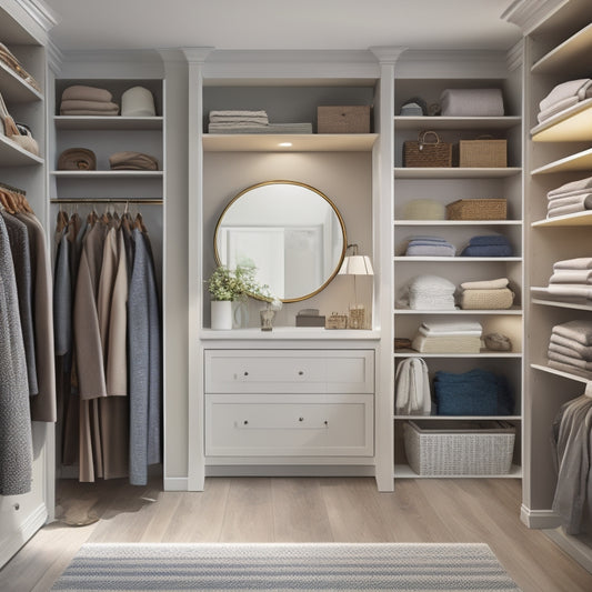 A stylized, well-lit closet interior featuring a combination of sleek, floor-to-ceiling shelves, drawers, and rods, with a few select, neatly arranged clothing items and accessories, against a soft, neutral-toned background.