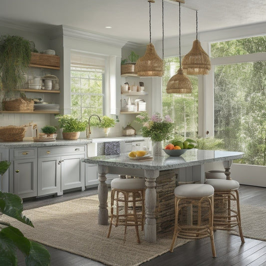 A serene island kitchen with a built-in breakfast bar featuring a polished granite countertop, three stools with woven rattan seats, and a pendant light fixture suspended above, surrounded by lush greenery.